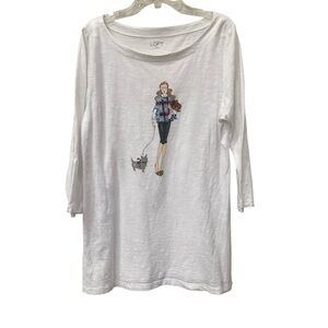 Ann Taylor Loft size L White Tee Top Shirt Graphic Lady Dog